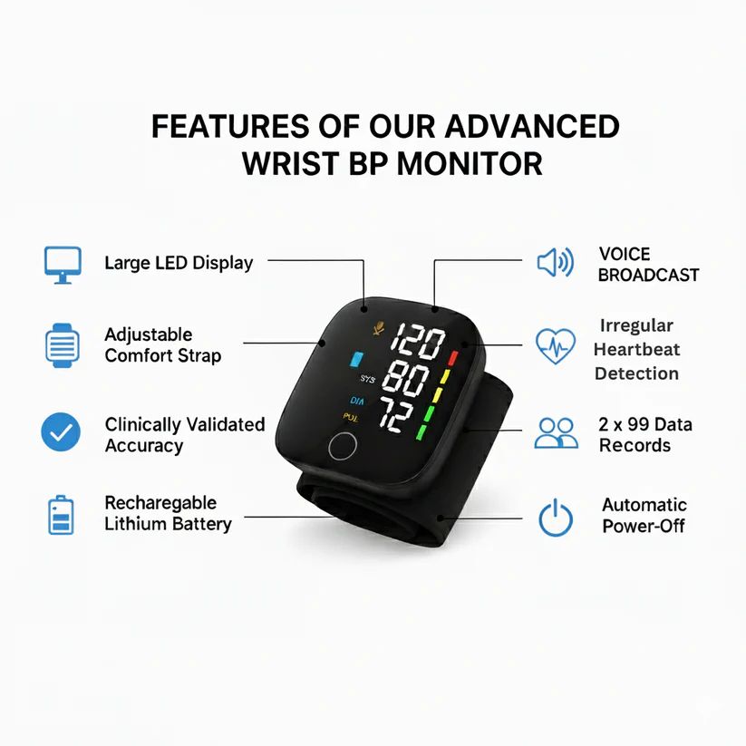 Wrist Blood Pressure Monitor Led Display, Touch Screen Wrist Blood Pressure Cuff 99x2 Reading Memory